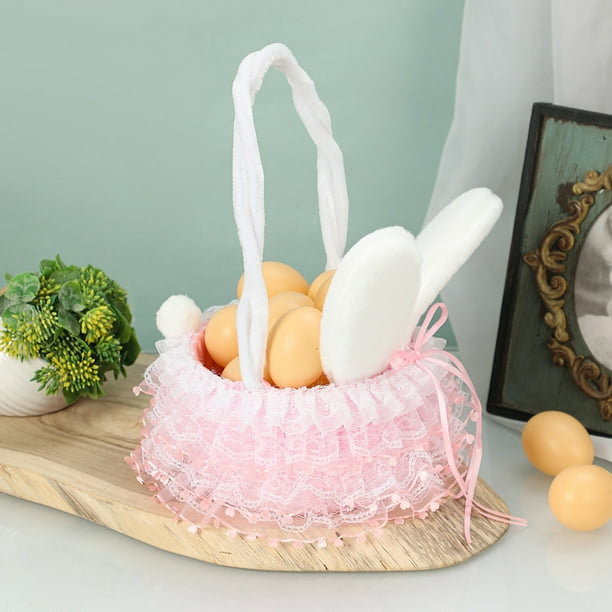 Cesta de conejos de Pascua con orejas de conejo - Cesta portátil tejida para bodas - Azul o rosa - 9,4x5,9 pulgadas