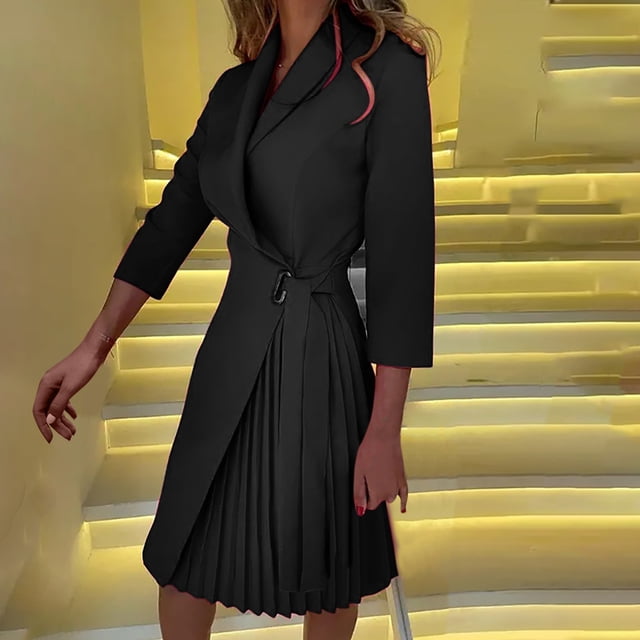mtvxesu Robes Grande Taille, Tenue de Bureau pour Femmes Col à Revers Couleur Unie Manches Longues Robe à Lacets Robes d'Invitée de Mariage