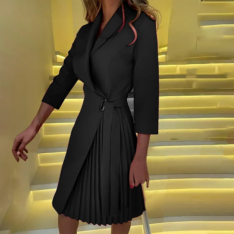 HAPIMO Women's Knee Length Dress Business Wear Sale Solid Button Bandage  Pleated Holiday Long Sleeve Autumn Dresses Winter Trendy Turndown Collar ...