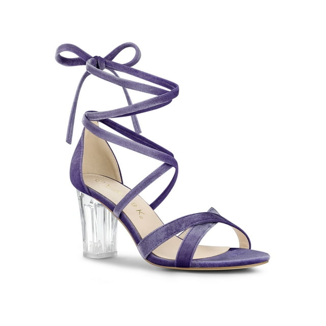 BLISSFUL STEP Women Velvet Lace-Up Clear Block Heel Sandals Elegant Purple 6