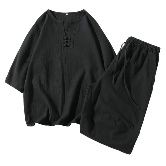 JIKNTTR Men's Linen 2 Piece Outfits Mens Tang Suit Summer Short Sleeve Three Quarter Sleeve Linen Loose T Shirt Shorts Set Casual Wear Vacation Walking Outfits