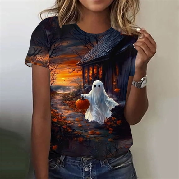 Jsaierl Halloween Shirts for Women Funny Ghost Print Tees Vintage Classic Round Neck T-Shirts Short Sleeve Dressy Casual Blouse Tops Halloween Clothes,Sizes S-5XL