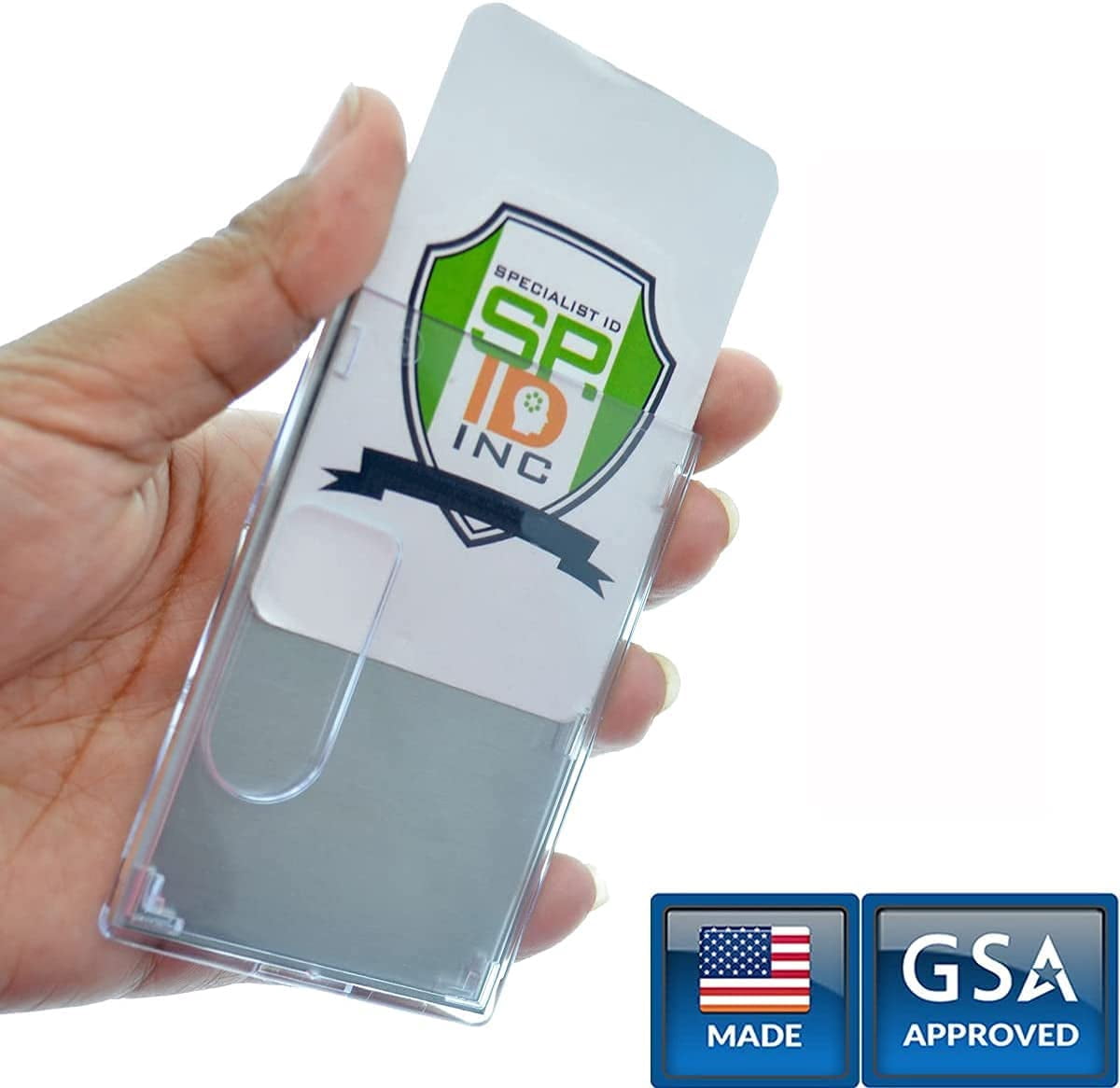 5 Pack - RFID Blocking Rigid Shielded 2-Card Badge Holder - Double Sided I'D Card Protector with Thumb Slide Removal - Horizontal or Vertical Orientation by Specialist ID