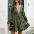 thumbnail image 5 of biudgviw Fall Dresses for Women Fashion Lace Cutout V Neck Long Sleeve Mini Dress Loose Ruffle Hem Beach Vacation Dress, 5 of 7