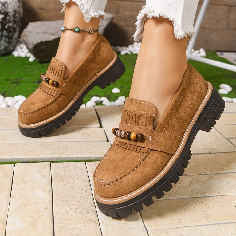 beaded dress shoes Rokment Ethnic Beaded Fringed Platform Slip on Penny Loafers Walking Shoes for Women Beach Casual Suede Chunky Lug Heels Oxfords Dress Footwear