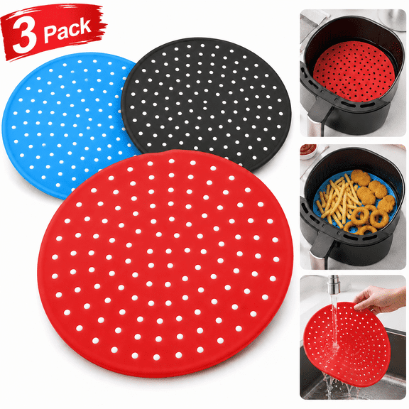 USTOP 3 Pack Reusable Air Fryer Liners,8" Round Silicone for 5-7QT Fryers Air Fryer Liners,Easy to Clean Air Fryer Accessories,Non-Stick Parchment Paper Replacement.
