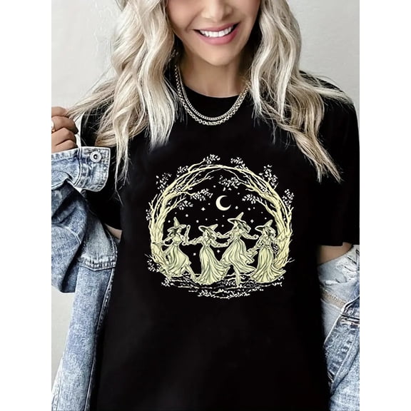 Witch Print Halloween Short Sleeve Shirt for Women