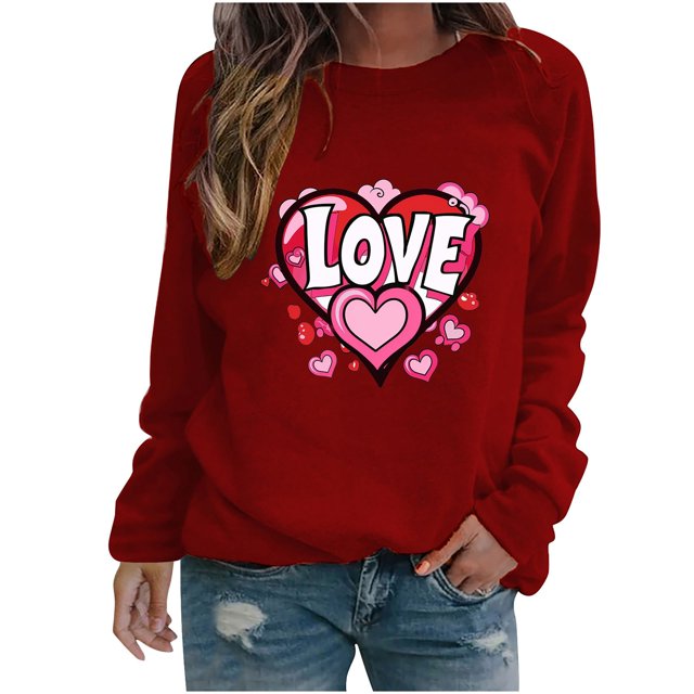 Amzcrzy Hauts pour Femmes Décontractés Col Rond Printemps Été Hauts Mode Imprimé Cœur d'Amour Saint-Valentin Chemises pour Femmes Classique Polyvalent Manches Longues Tee-Shirt Valentines