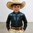 thumbnail image 2 of sususu Boys Western Shirts Long Sleeve Pearl Snap Button Down Cowboy Shirt Toddler Kids Retro Country Tops Outfit Black3 12-13 Years, 2 of 5