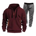 thumbnail image 2 of Men's Winter Fleece Multi-pocket Zipper Sweatshirt Suit Personalized Casual Hoodie Set, for Outdoor Activities and Winter Casual Wear,Wine,3XL, 2 of 5