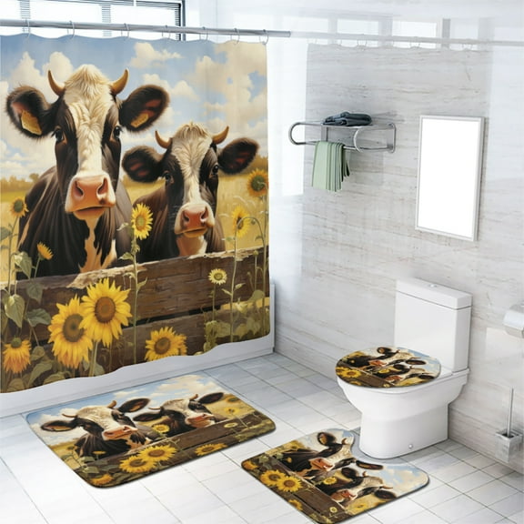 Western Cow Shower Curtain Sets with Rugs 4 Piece Vintage Wooden Fence Sunflower Bath Curtain for Bathroom Waterproof Fabric Bathroom Decor Set, 72x72 Inch