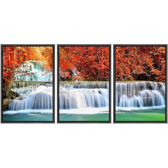 wall26 Framed Canvas Print Wall Art Set Autumn Forest Waterfall River Rapid Nature Wilderness Photography Realism Decorative Landscape Colorful for Living Room, Bedroom, Office - 16"x24"x3