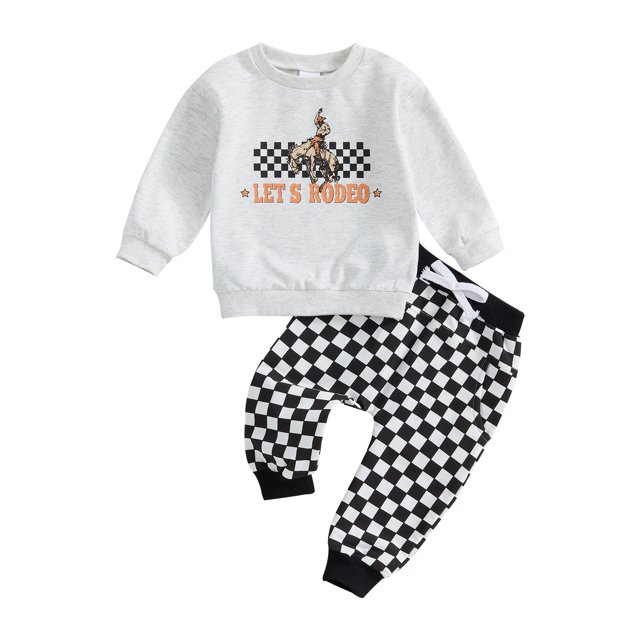SUNSIOM Toddler Boy Pants Set Horse Riding Checkered Print Long Sleeve Sweatshirt Plaid Long Pants Fall Winter Outfit