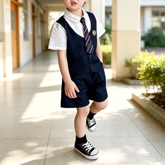 Angala 3 Piece Outfit For Little Boys Short Sleeve Notch Neck College Style T-Shirts Shorts Set Boys Fall Casual Clothes