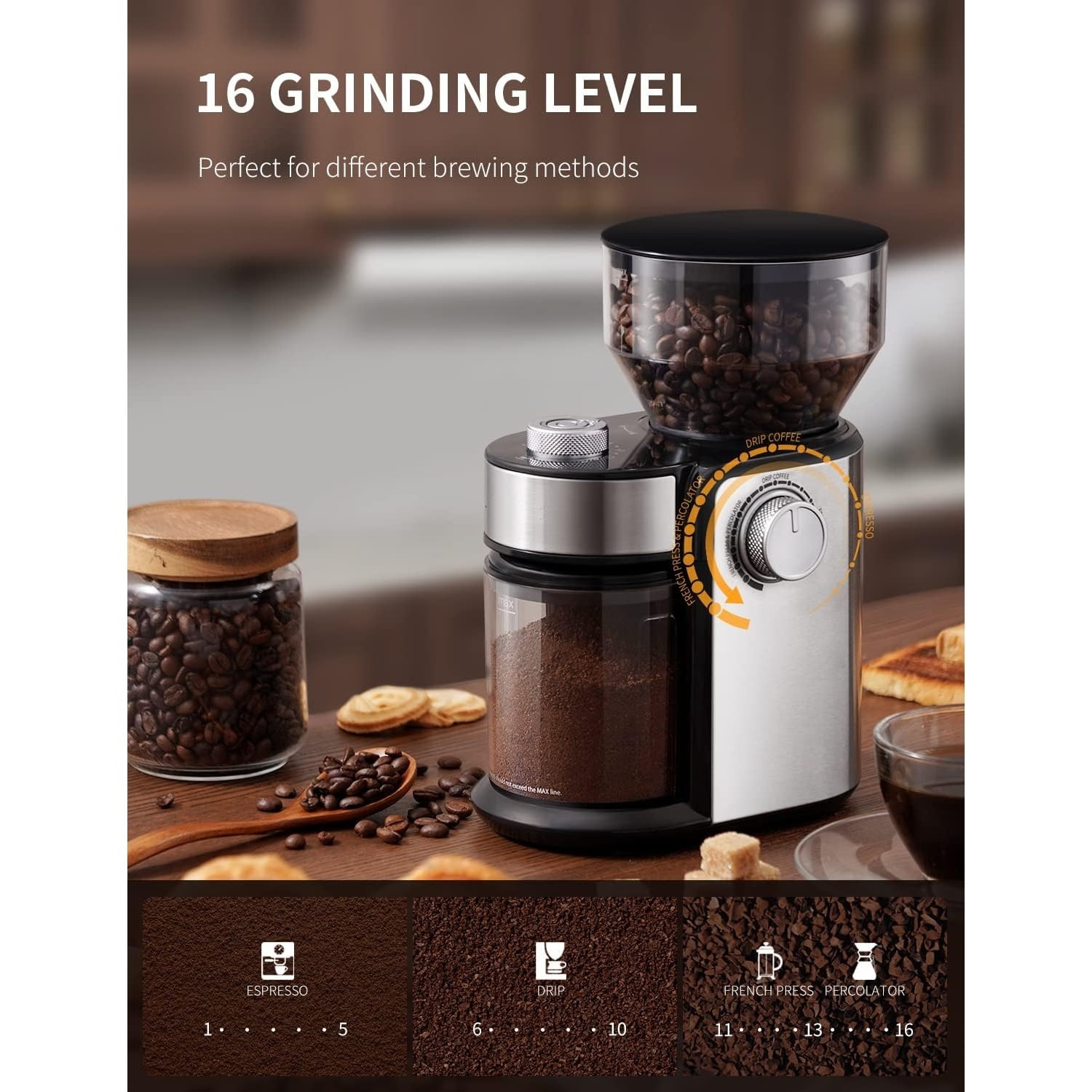 Burr Coffee Bean Grinder Electric, Adjustable Burr Mill with 16 Precise Grind Setting for 2-14 Cup, Silver