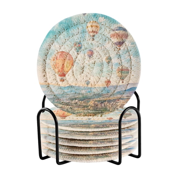 Hot Air Balloon Watercolor Drink Coasters with Holder Absorbent Coaster for Coffee Table Room Decor 6 Pack