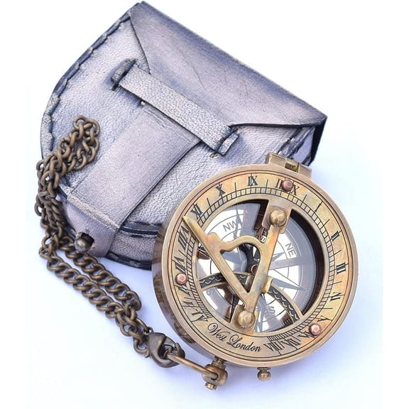 Brass Sundial Compass with Chain & Leather Case - Marine Nautical - Sun Clock - Steampunk Accessory