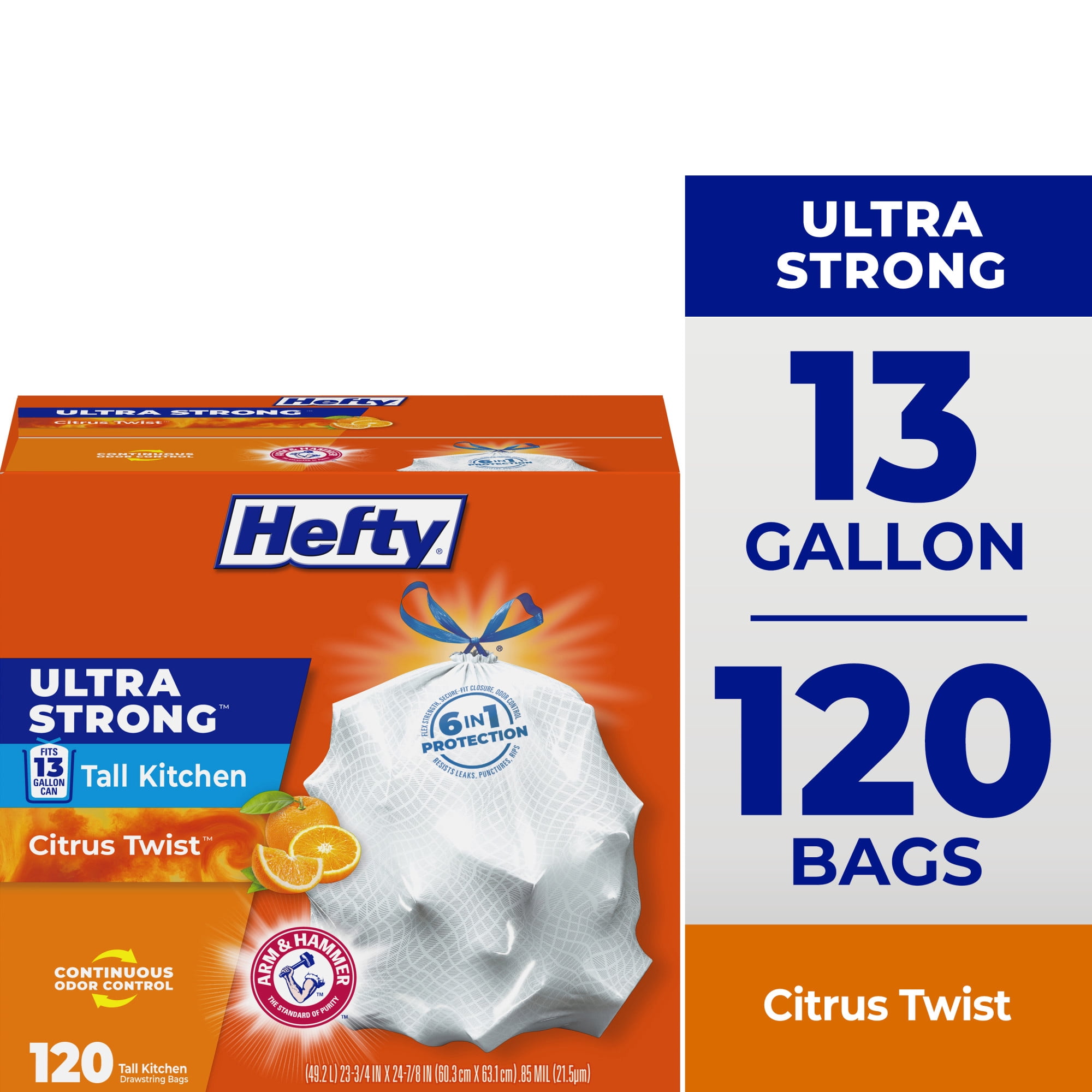 (2 pack) Hefty Ultra Strong 13 Gallon Trash Bags, Tall Kitchen Trash Bags, White, Citrus Twist, 120 Bags