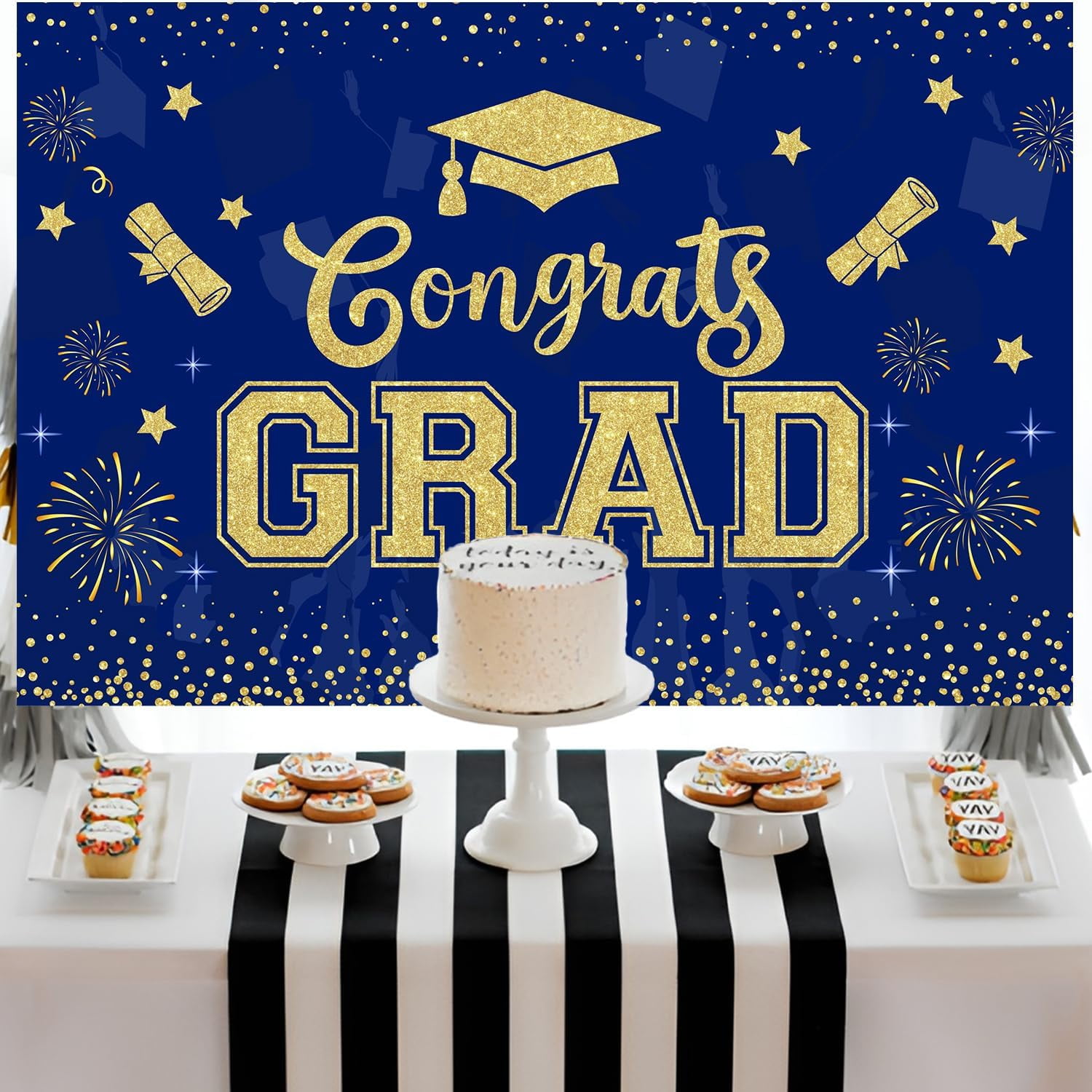 5*3ft 2024 Golden Deep Blue Congrats Grad Graduation Backdrop Glitter Printed Bachelor Cap Photography Background Cloth Confetti Fireworks Little Star Printed Banner for Grad Congrats Prom Party Decor