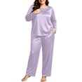 thumbnail image 2 of SHTXOZHI Women's Plus Size Satin Pajamas Set Long Sleeve Long Sleepwear Elastic Loose Loungewear Solid Color Homewear, 2 of 9