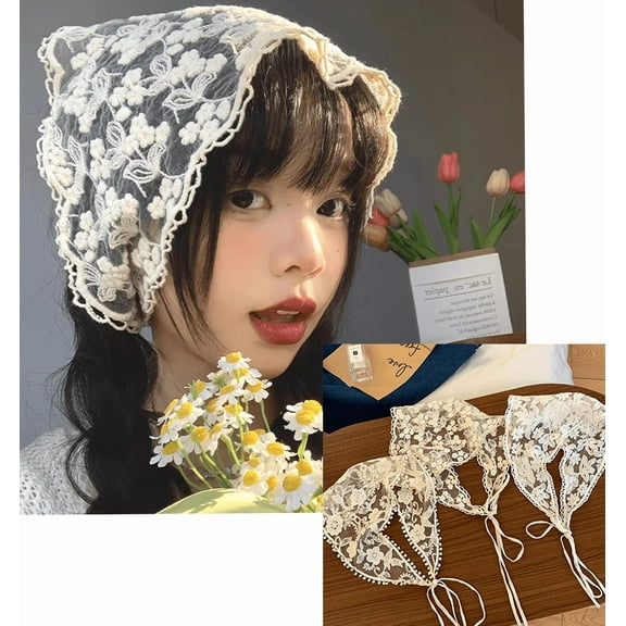 Yoyauz Women's Lace Headscarf Vintage Bandana Headband Tassel White Hair Scarf Headband 20th Century 50s Head Cover Triangle Vintage Bandana Daisy Crochet Needle Tie with Handkerchief Women's Headband