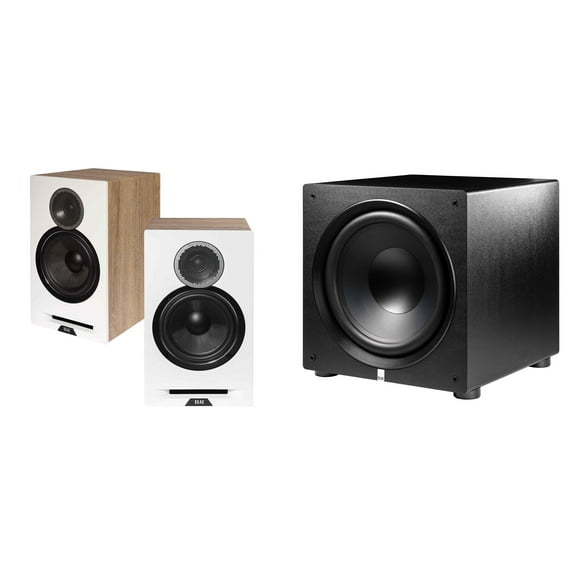 Elac DBR62-W - Debut Reference 6.5" Bookshelf Speakers - White, Pair and Elac PS500-BK - Varro Premium 15" 500 Watt Powered Subwoofer with Auto-EQ