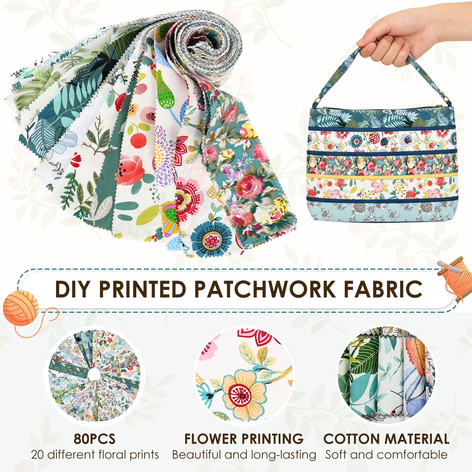 Ikoopy 80/100Pcs Jelly Roll Fabric Strip Set Cotton Floral Print Pre Cut Quilting Strip Quilting and Sewing Patchwork Roll for DIY Craft Blanket Rug