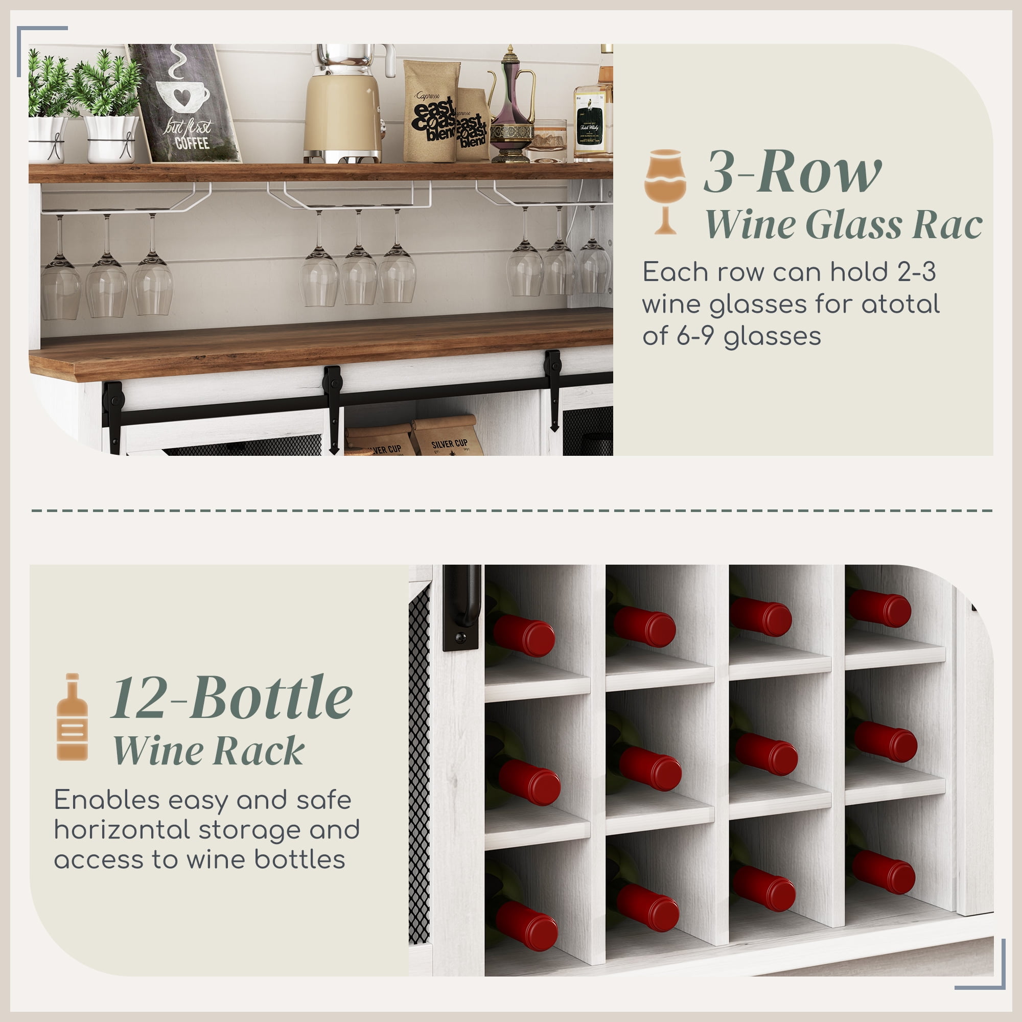 HOQBN 55" Farmhouse Coffee Bar Cabinet with Lights, Freestanding Wine Storage Cabinet with Wine Rack and Glass Holder Racks for Kitchen Dining Room Home, White