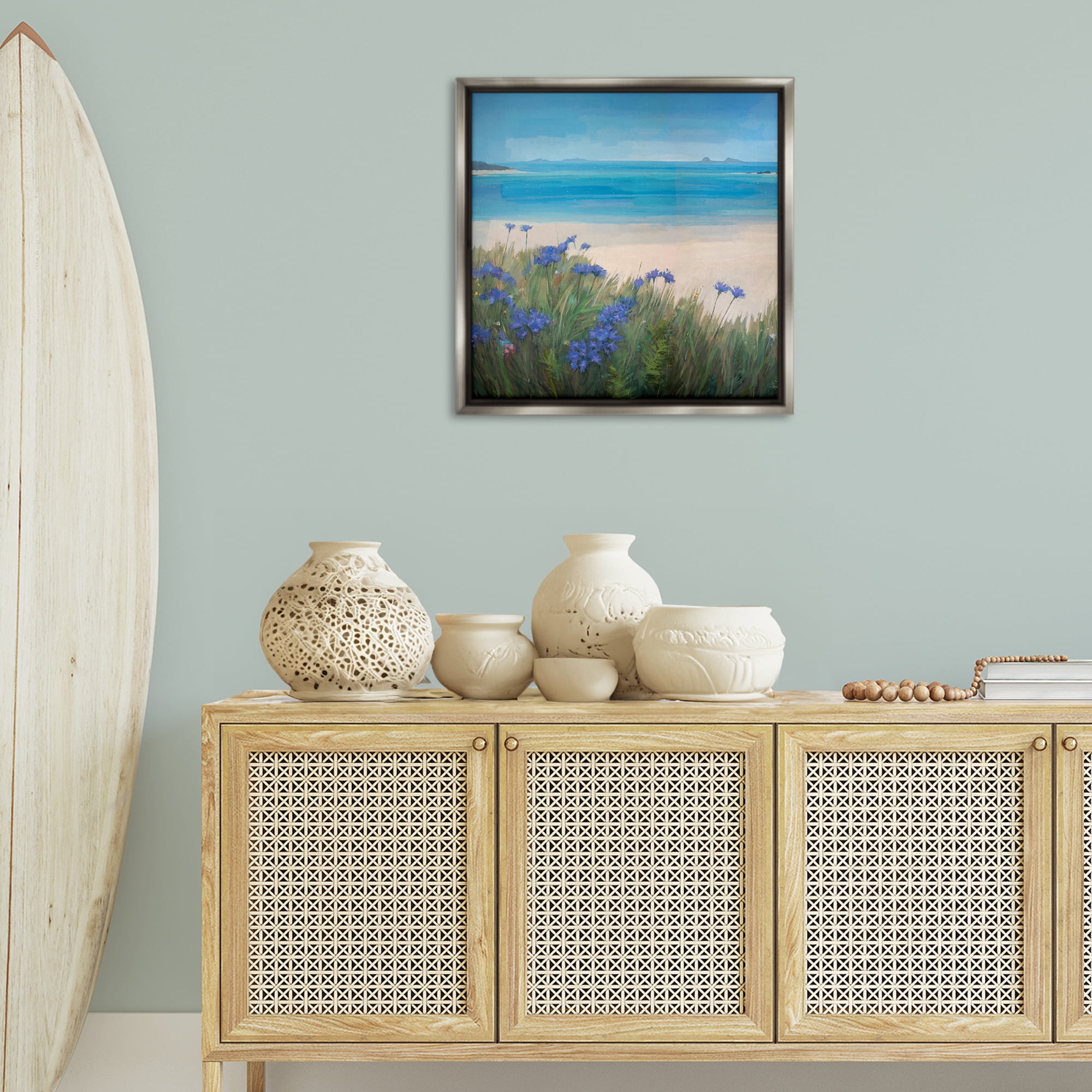 Stupell Industries Seaside Bluebell Flowers Landscape & Nature Painting Gray Floater Framed Canvas Art Print Wall Art, 25 x 25