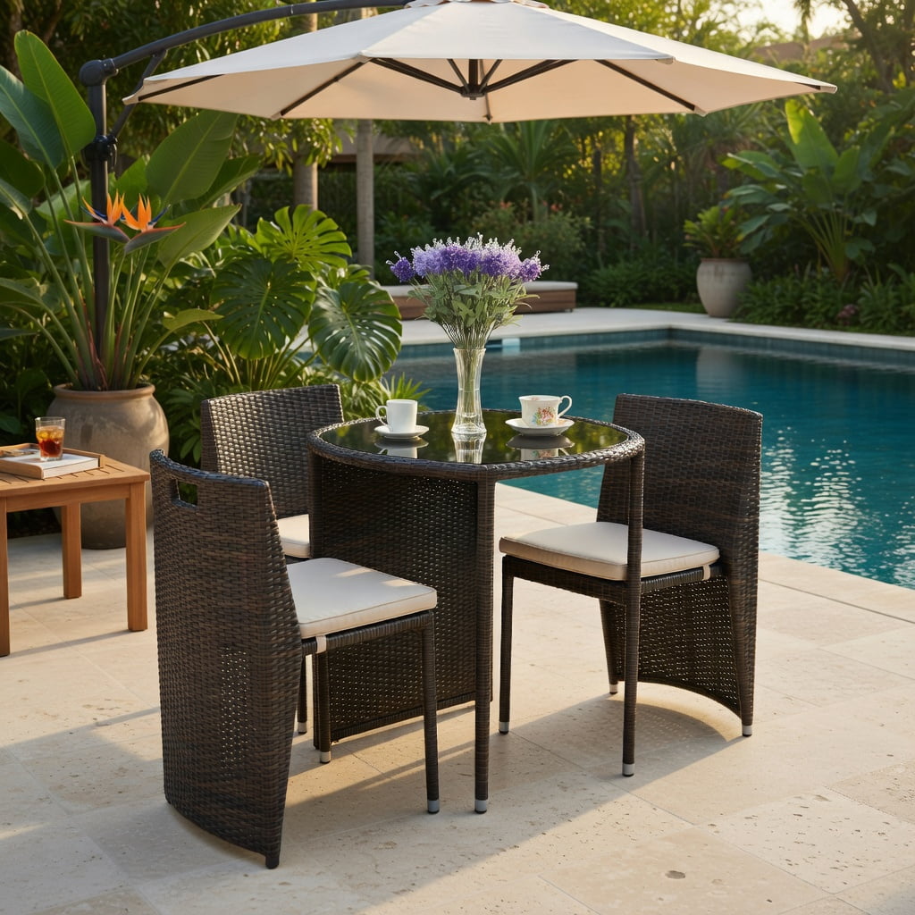 Hommoo 3-Piece Cushioned Wicker Bistro Set, PE Rattan Chairs & White Polyester Cushions, Patio, Porch, Poolside or Garden Furniture, Brown