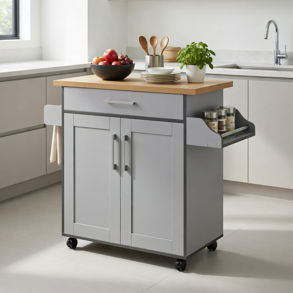 Demi Bonn Rolling Storage Cabinet Cart, Kitchen Island Cart, Rolling Kitchen Island Cart with Towel and Spice Rack, for Kitchen, Dining Room, Gray