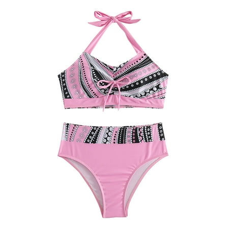 ZQGJB Womens High Waisted Swimsuits with Boy Shorts Summer Tropical Printed Brazilian Triangle Top Stripes Halter Bikini Two Piece Bathing Suits(Pink#01 XL)