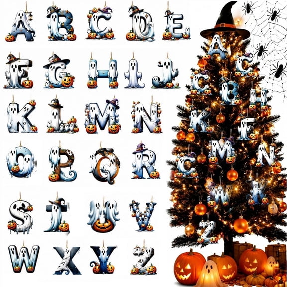 Halloween Hanging Decorations 26 Piece 3X3 Inch Wooden Letter Ghost Hanging Ornaments for Indoor Outdoor Halloween Party Decor Home Porch Classroom Layout