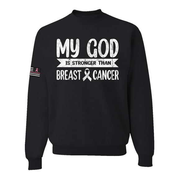Wild Bobby My God Is Stronger Than Breast Cancer White Distressed US Flag Breast Cancer Awareness Unisex Crewneck Sweatshirt, Black, Small