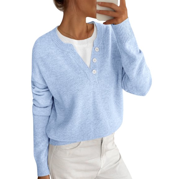 BTFBM Women Long Sleeve Crew Neck Sweaters Tops, 2 in1 Knitted Pullover, Deco Buttons, Oversized, Stretchy, Vacation, Business Casual Outfits, Fall Winter Trendy