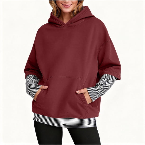 RKSTN Hoodies for Women Oversized Cuff Stripe Splicing Fake Two Pieces Hooded Sweatshirts Top Womens Casual Plus Size Loose Fits Comfy Hood Sweatshirts with Pockets Fall Spring Clothes