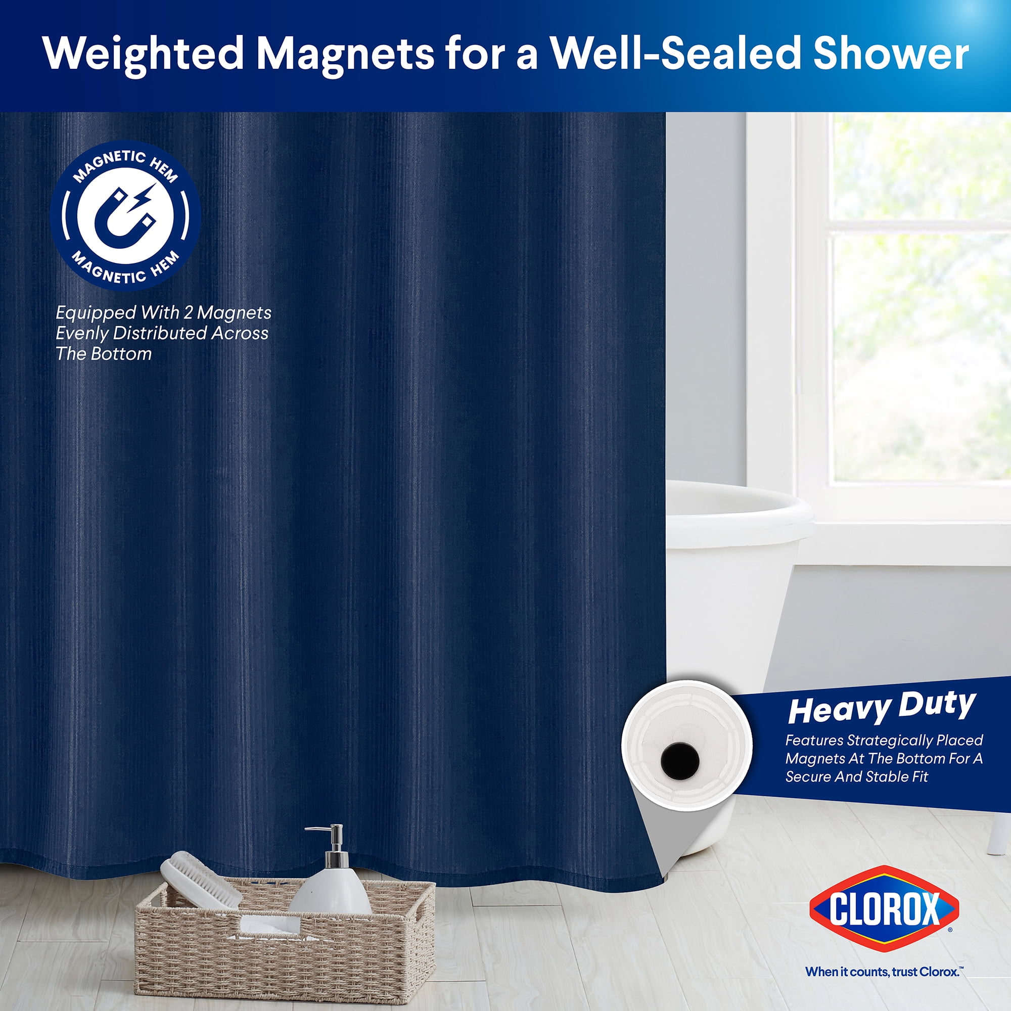 Clorox 100% Polyester Shower Curtain Set with Waterproof PEVA Liner and 12 Metal Hooks (Midnight Blue)