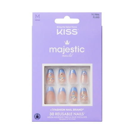 KISS Majestic, Press-On Nails, The Queen, Blue, Medium Coffin, 30 Count