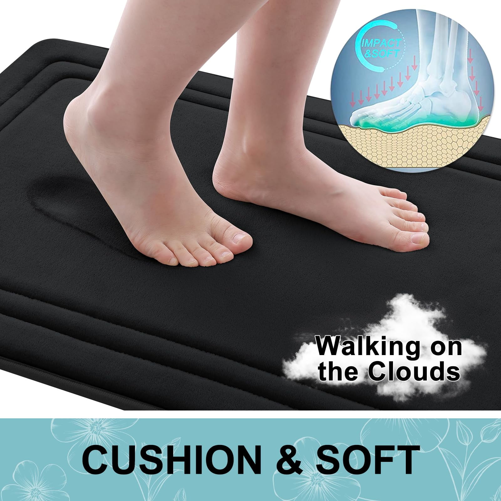 Smiry Memory Foam Bathroom Mat Rug 16"x 24", Ultra Soft Absorbent Bath Rug, Non-Slip Machine Washable Bath Carpet, Black