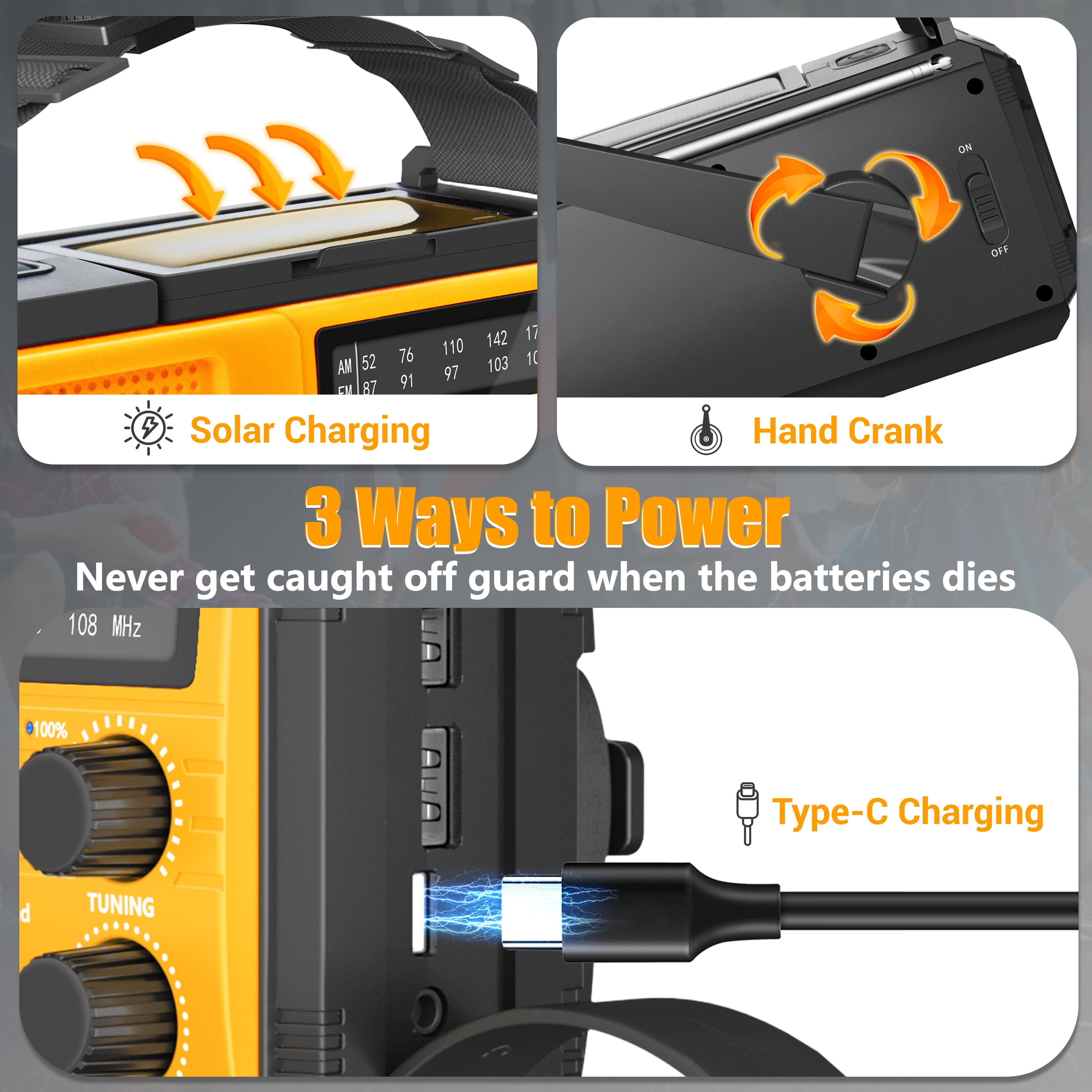 Jazmm 22200mWh Emergency Crank Radio, Emergency Solar Radio, NOAA/AM/FM Weather Radio, SOS Alarm, 6000wAh Battery Hand Crank Flashlight, Compass for Tornado, Winter Storm, and Survival Kits(Orange)