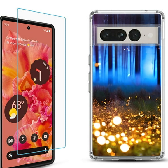 Shockproof Bumper Phone Case for Google Pixel 7, with Tempered Glass Screen Protector, by OneToughShield ® - Fireflies