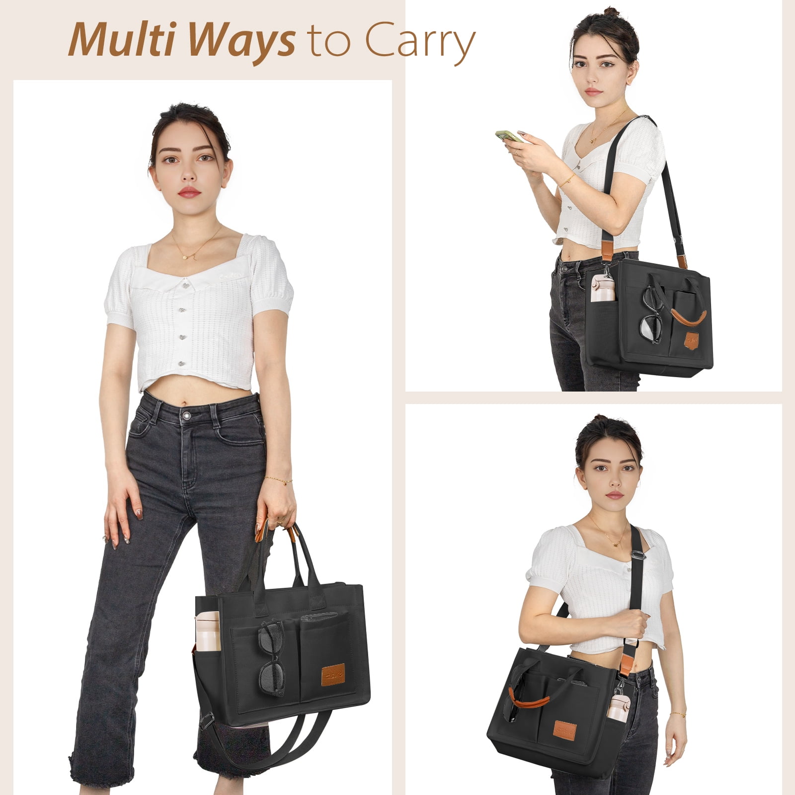Cshidworld Canvas Tote Bag for Women With Side Pockets, Laptop Work Crossbody Everyday Satchel, Purses Shoulder Tote Bag Everyday Satchel Handbags Messenger for Travel Nurse College Gift, Black
