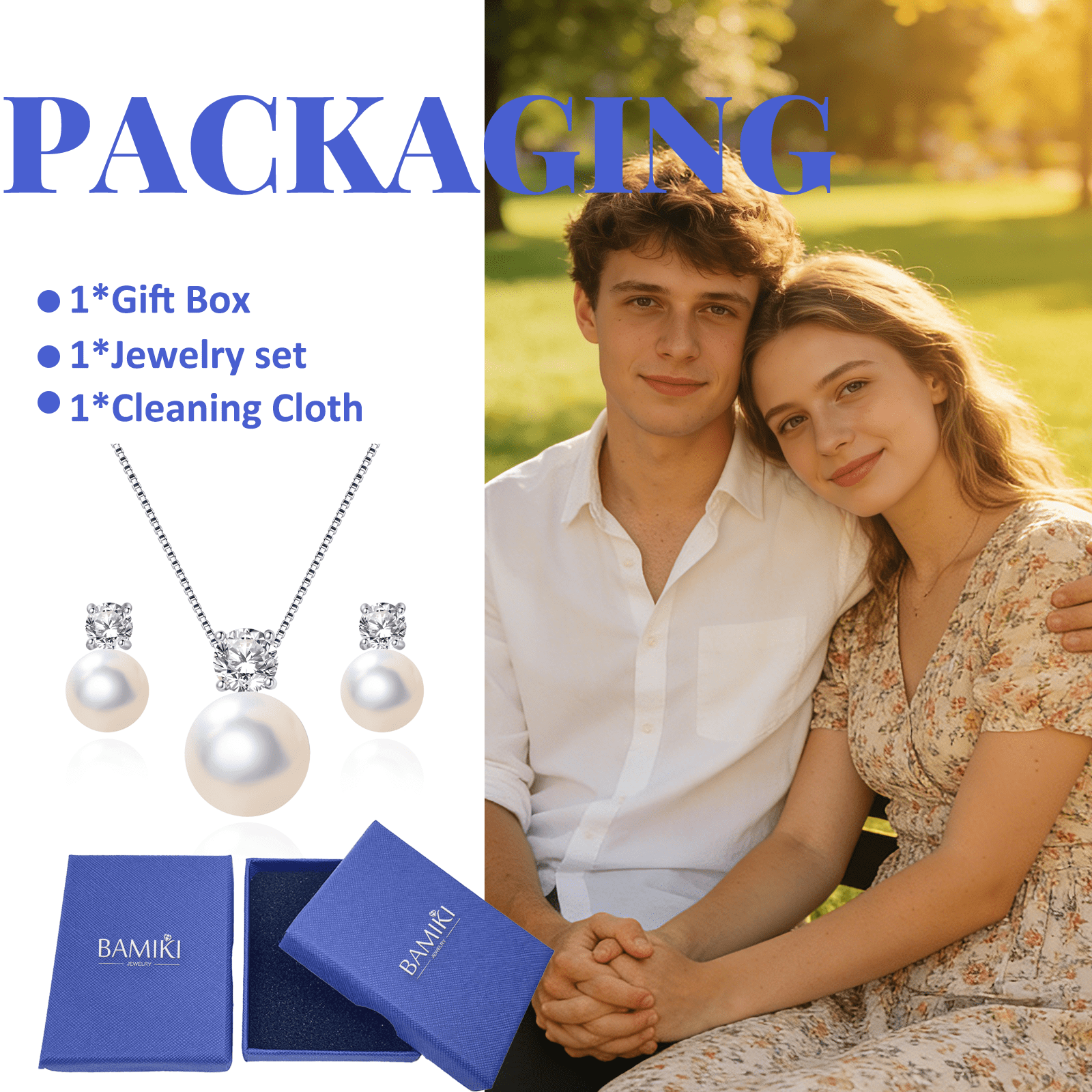 BAMIKI 8-10mm White Cultured Pearl Earrings and Necklace Set for Women, 925 Sterling Silver Jewelry, Hypoallergenic Gift