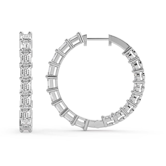 Boucle d'Oreille Créole en Diamant de Laboratoire / Boucles d'Oreilles Créoles Willa de 4 Carats Certifiées IGI en Émeraude et Forme Ronde / Or Blanc 14K / Monture à Griffes Qualité FG-VS1-VS2 / Friendly Diamonds