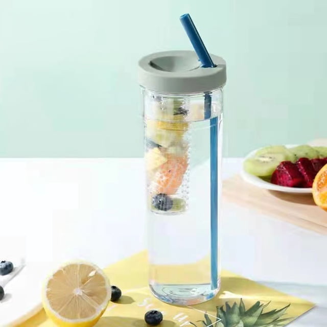 Botella de agua con infusor de frutas con pajita, botella de agua deportiva transparente portátil de gran capacidad para Fitness, gimnasio, actividades al aire libre