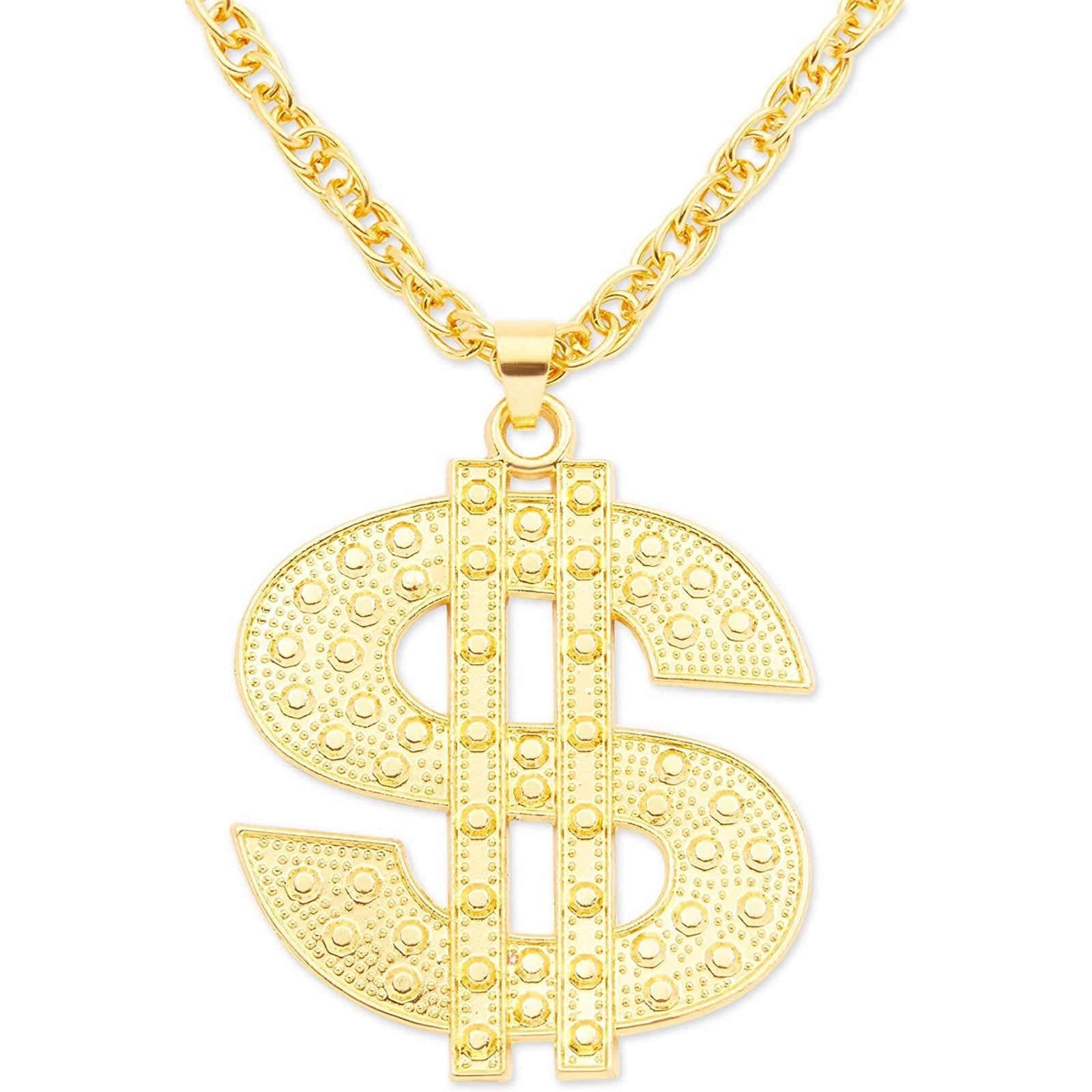 Men's Hip Hop Gold Round Crystal Dollar Sign $ Stainless Steel Pendant Necklaces