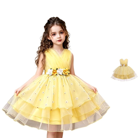 HJYCHN Dress for Girls Sleeveless V Neck Short Party Gown with 3D Floral Accents and Layered Mesh Skirt for Girls Dress 7-8 Years
