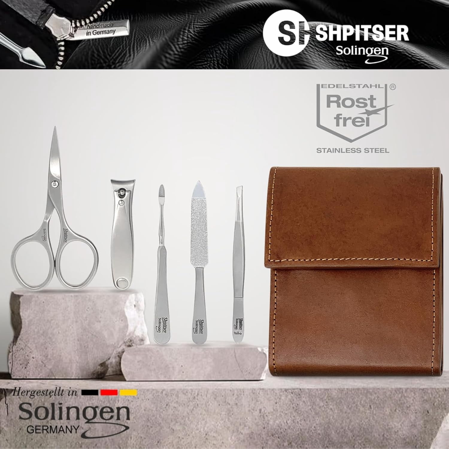 Shpitser Nail Kit, Manicure and Pedicure Women Set of 5 tools: Sharp Scissors, Clipper, Tweezers, Nail Cleaner, Nail File, Made in Solingen, Germany, Sturdy Stainless Steel, In Italian Leather Case