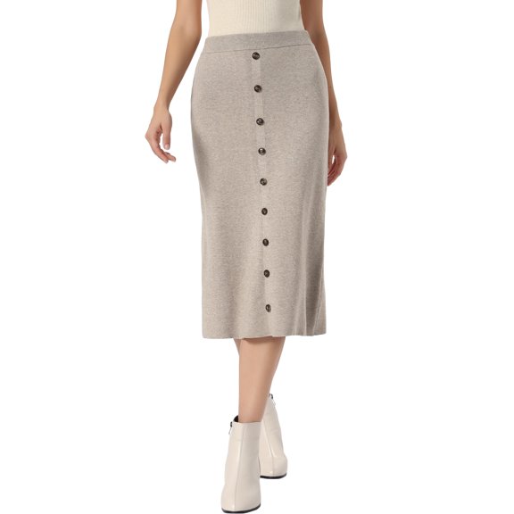 INSPIRE CHIC Knit Midi Skirt for Women's Elastic Waist A-Line Button Decor Casual Ribbed Skirt XS Camel