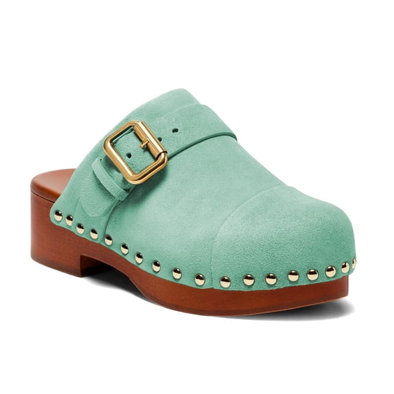 XYD Women Slip-on Mule Clogs Low Chunky Heel Round Toe Gold-studs Adjustable Buckle Strap Cork Daily Comfort Shoes Size 7 Aquamarine